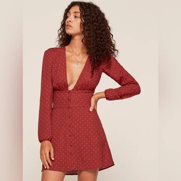 Reformation Rust Red Polka Dot Deep V Long-Sleeve Dress - Picture 1 of 8